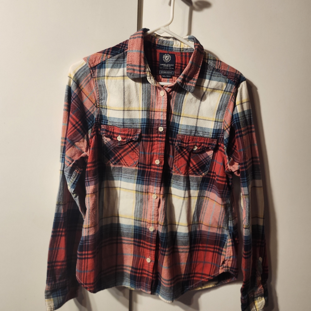 American Eagle Outfitters Multicolor Plaid Button-Down Shirt 100% Cotton Retro